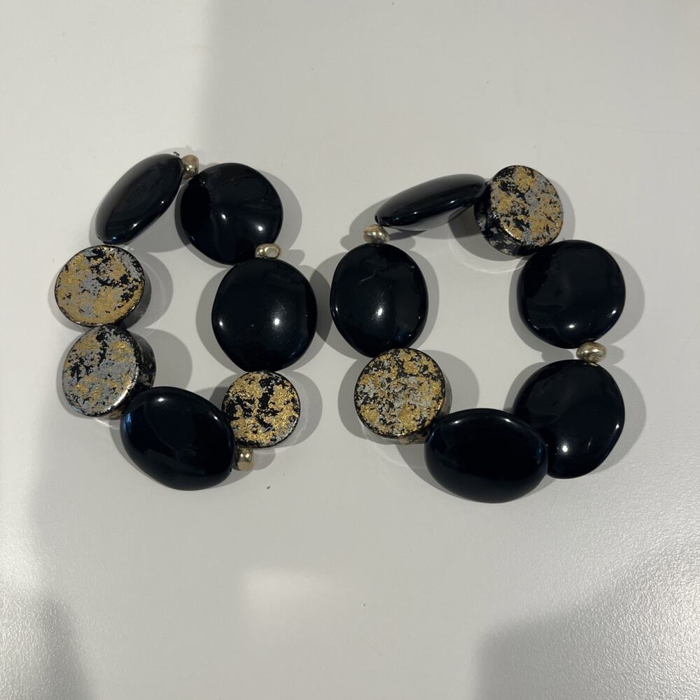 Chicos Set Of 2 Stretch Bracelets Black & Gold Chunky Beads